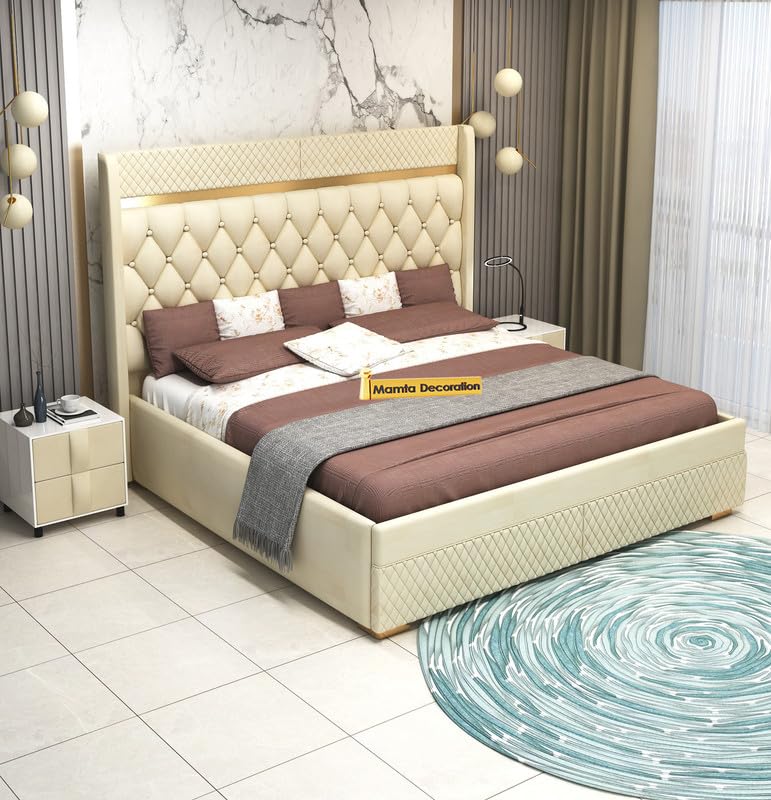 STRATA FURNITUR Sheesham Wood Queen Size Bed with Box Storage and Upholstery Tufted Headboard | Modern Wooden Double Bed Cot Palang Furniture for Bedroom, Hotels, Living Room, and Home (Beige)