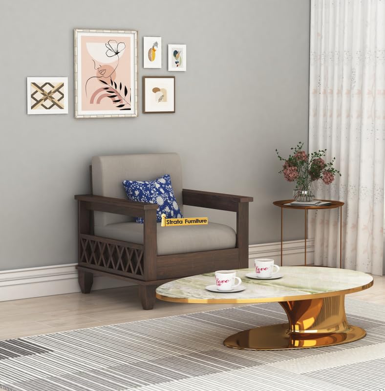 STRATA FURNITURE Sheesham Wood 1 Seater Sofa Set for Living Room Hall Home Solid Wooden Single Seater Sofa Set Furniture (Walnut Finish)