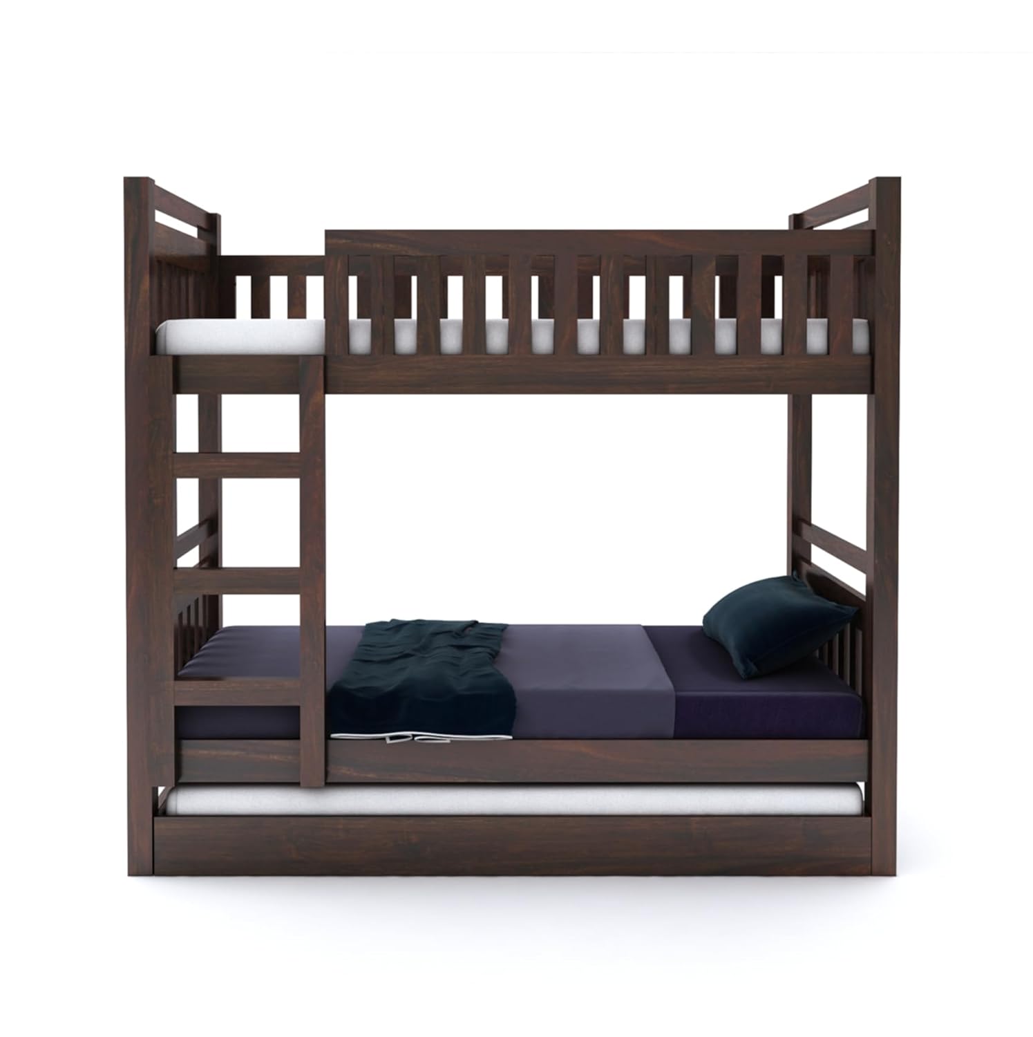 STRATA FURNITURE Solid Sheesham Wood Bunk Bed With Trundle Wooden Bunk Bed With Ladder For Bedroom Living Room Home (Walnut Finish, 1.68 M, 2.08 M, 0.99 M)