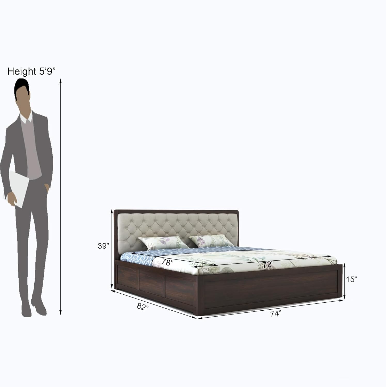 STRATA FURNITURE Solid Sheesham Wood King Size Bed with Storage for Bedroom Living Room Solid Wooden Furniture Double Bed for Home Hotels (Walnut Finish)