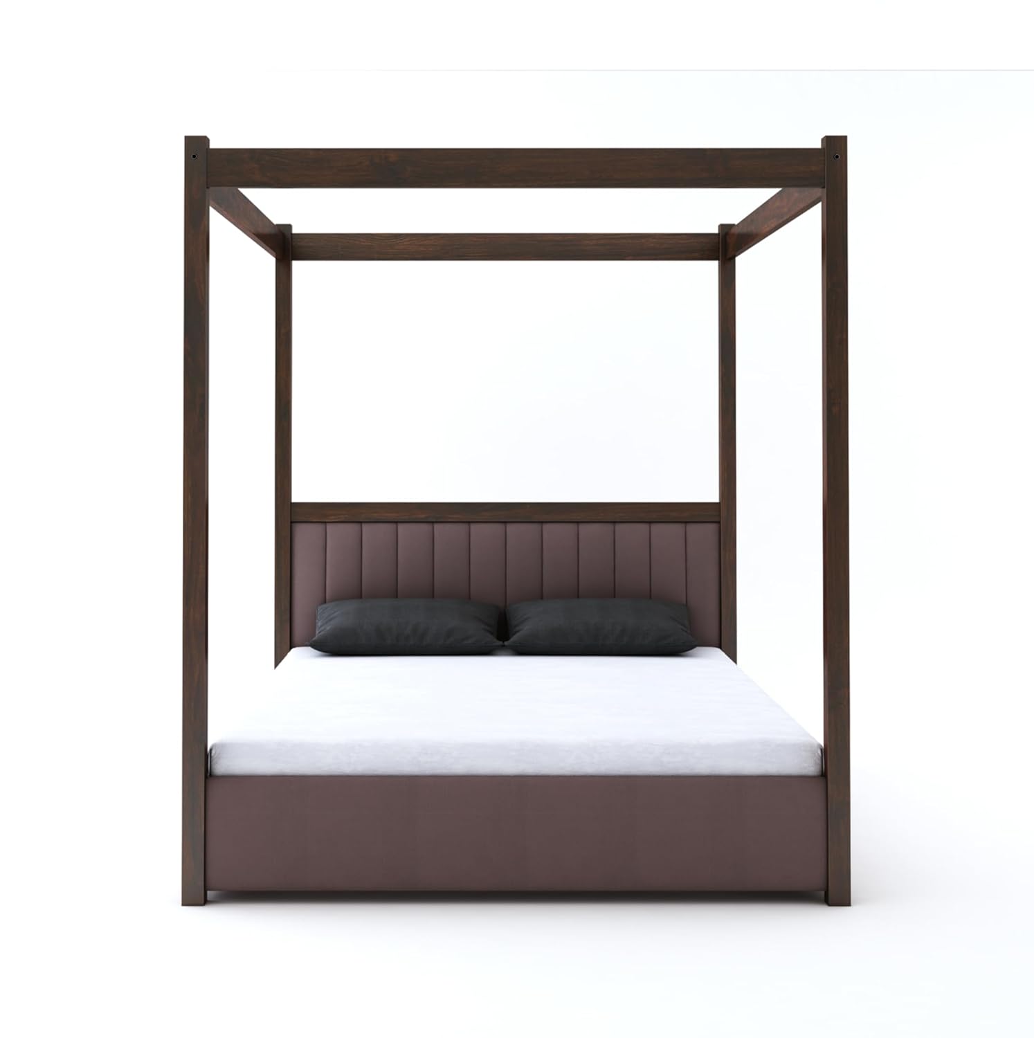 STRATA FURNITURE Solid Sheesham Wood King Size Poster Bed With Box Storage Wooden Upholstered Double Bed For Bedroom Living Room Home (Walnut Finish)
