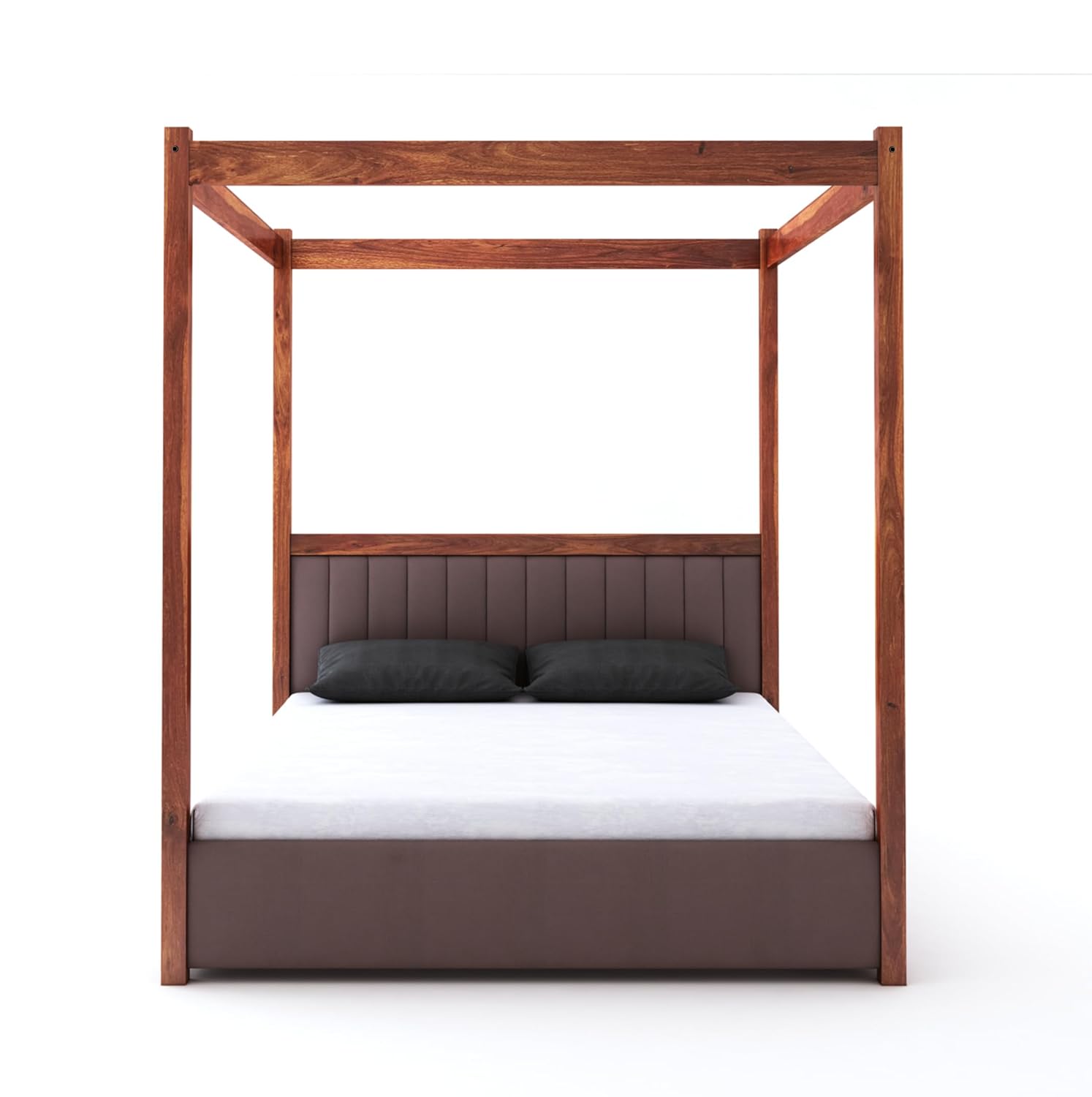 STRATA FURNITURE Solid Sheesham Wood King Size Poster Bed with Box Storage Wooden Upholstered Double Bed for Bedroom Living Room Home (Honey Finish)