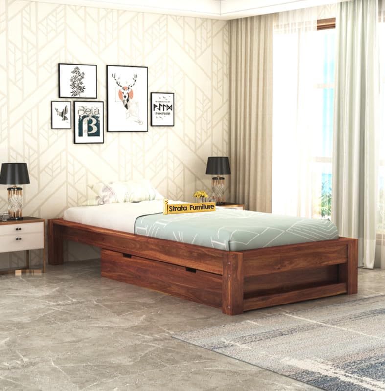 STRATA FURNITURE Sheesham Wood Single Size Bed with Drawer Storage for Bedroom Living Room Home Wooden Palang Bed (Honey Finish)
