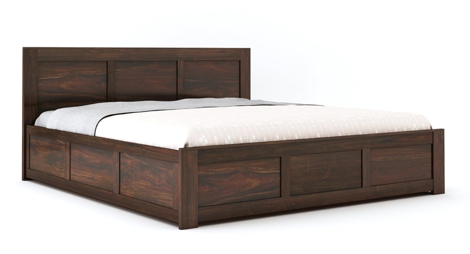 STRATA FURNITURE Sheesham Wood King Size Bed with Box Storage Double Cot Wooden Palang for Bedroom Living Room Furniture (Walnut Finish)