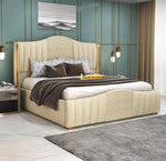 STRATA FURNITUR Sheesham Wood Queen Size Platfrom Bed with Box Storage and Upholstered Headboard | Stylish Wooden Double Bed Cot Palang Furniture for Bedroom, Hotels, Living Room, and Home (Beige)