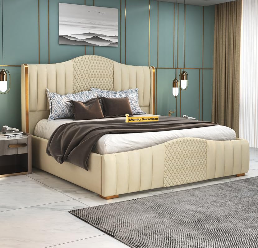 STRATA FURNITUR Sheesham Wood Queen Size Platfrom Bed with Box Storage and Upholstered Headboard | Stylish Wooden Double Bed Cot Palang Furniture for Bedroom, Hotels, Living Room, and Home (Beige)