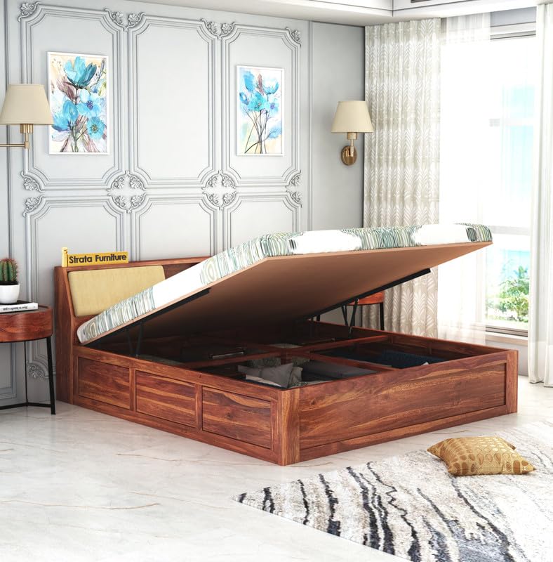 STRATA FURNITURE Sheesham Wood Queen Size Bed with Hydraulic and Headboard Storage for Living Room Home Bedroom Wooden Double Bed Cot Palang Furniture (Honey Finish)