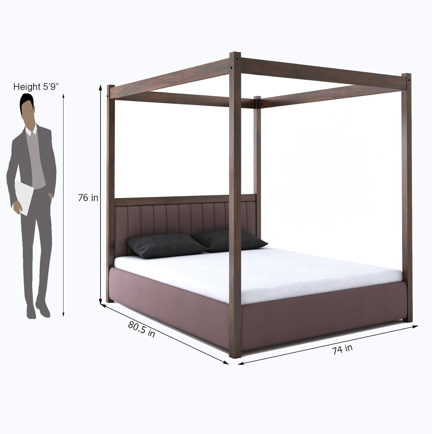 STRATA FURNITURE Solid Sheesham Wood King Size Poster Bed With Box Storage Wooden Upholstered Double Bed For Bedroom Living Room Home (Walnut Finish)