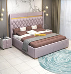 STRATA FURNITUR Sheesham Wood Queen Size Bed with Box Storage and Upholstery Tufted Headboard | Modern Wooden Double Bed Cot Palang Furniture for Bedroom, Hotels, Living Room, Home (Light Purple)