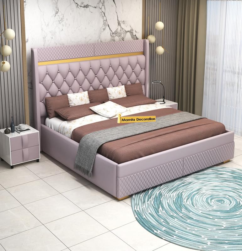 STRATA FURNITUR Sheesham Wood Queen Size Bed with Box Storage and Upholstery Tufted Headboard | Modern Wooden Double Bed Cot Palang Furniture for Bedroom, Hotels, Living Room, Home (Light Purple)