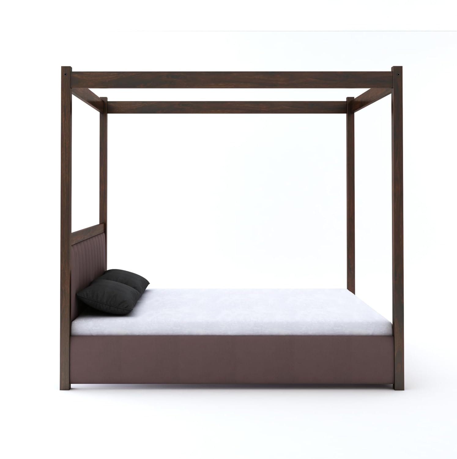 STRATA FURNITURE Solid Sheesham Wood King Size Poster Bed With Box Storage Wooden Upholstered Double Bed For Bedroom Living Room Home (Walnut Finish)