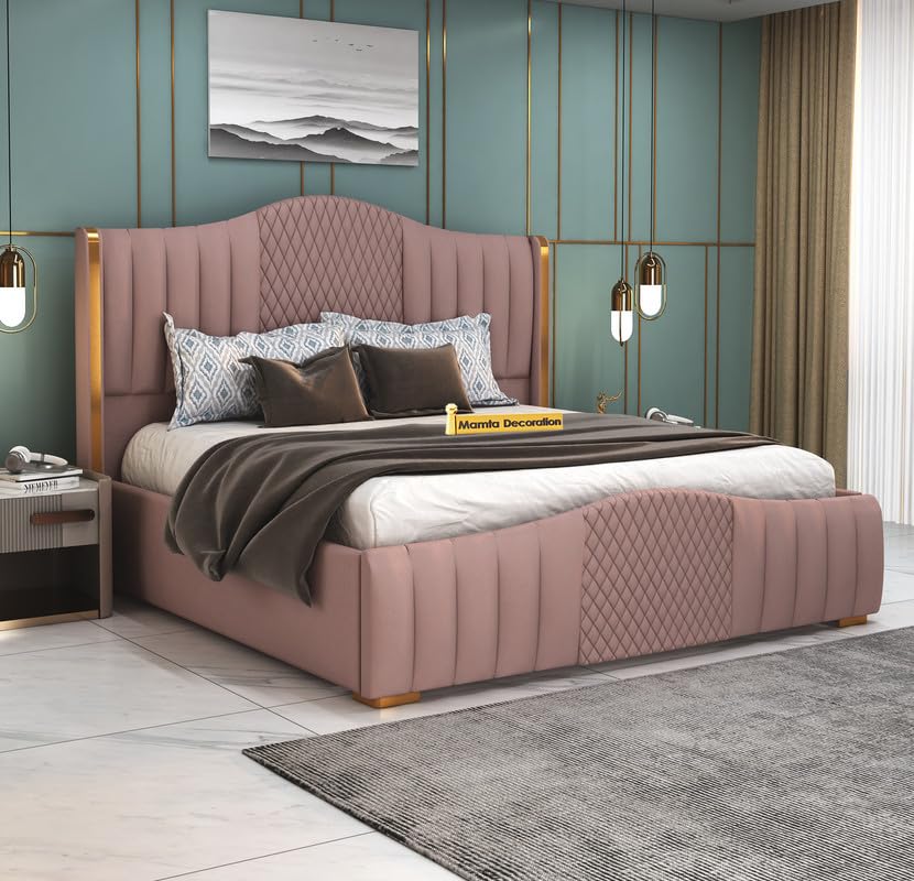 STRATA FURNITUR Sheesham Wood Queen Size Platfrom Bed with Box Storage and Upholstered Headboard | Stylish Wooden Double Bed Cot Palang Furniture for Bedroom, Hotel, Living Room and Home (Onion Pink)