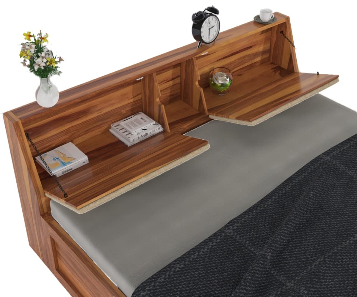 STRATA FURNITURE Sheesham Wood King Size Bed with Box and Headboard Storage for Bedroom Home (Honey Finish)