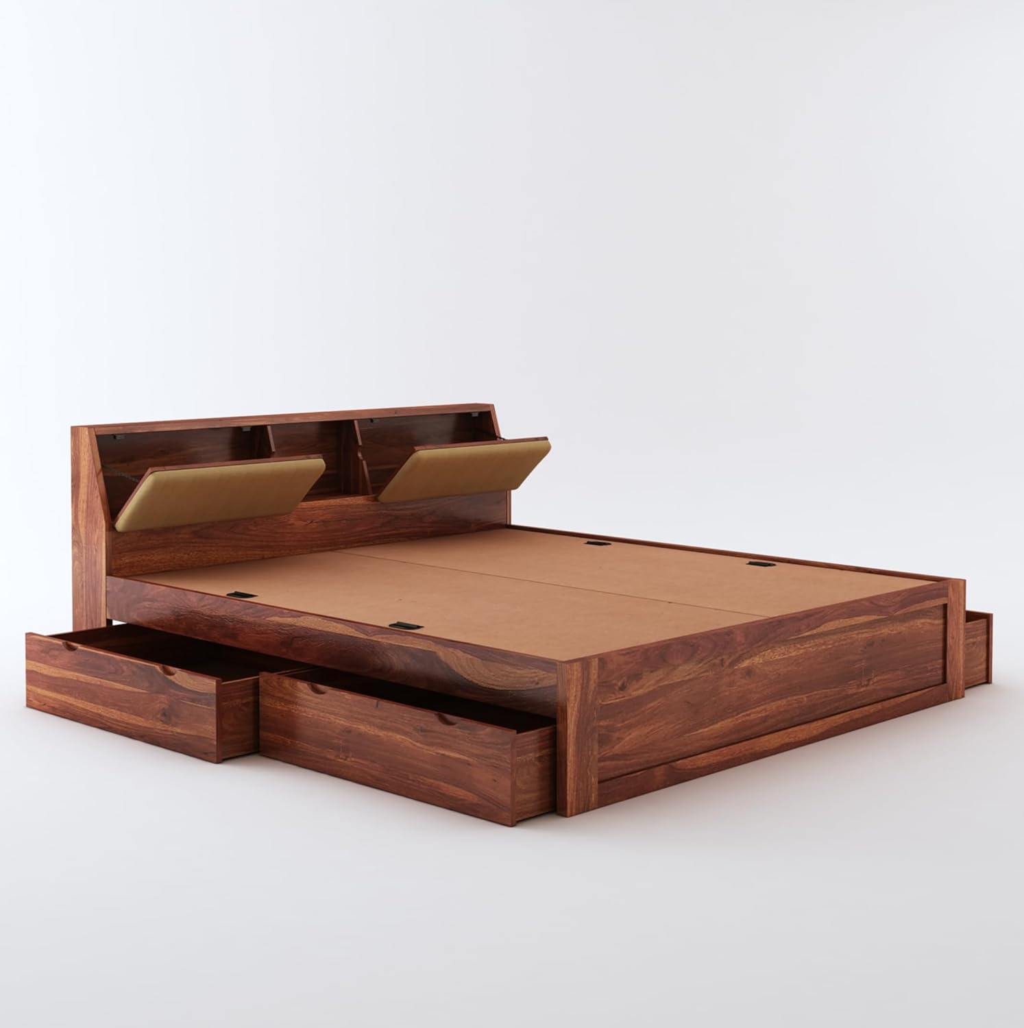 STRATA FURNITURE Sheesham Wood King Size Bed with Drawer Storage Solid Wood Double Bed Palang Wooden Bed for Bedroom Living Room Furniture (Honey Finish)