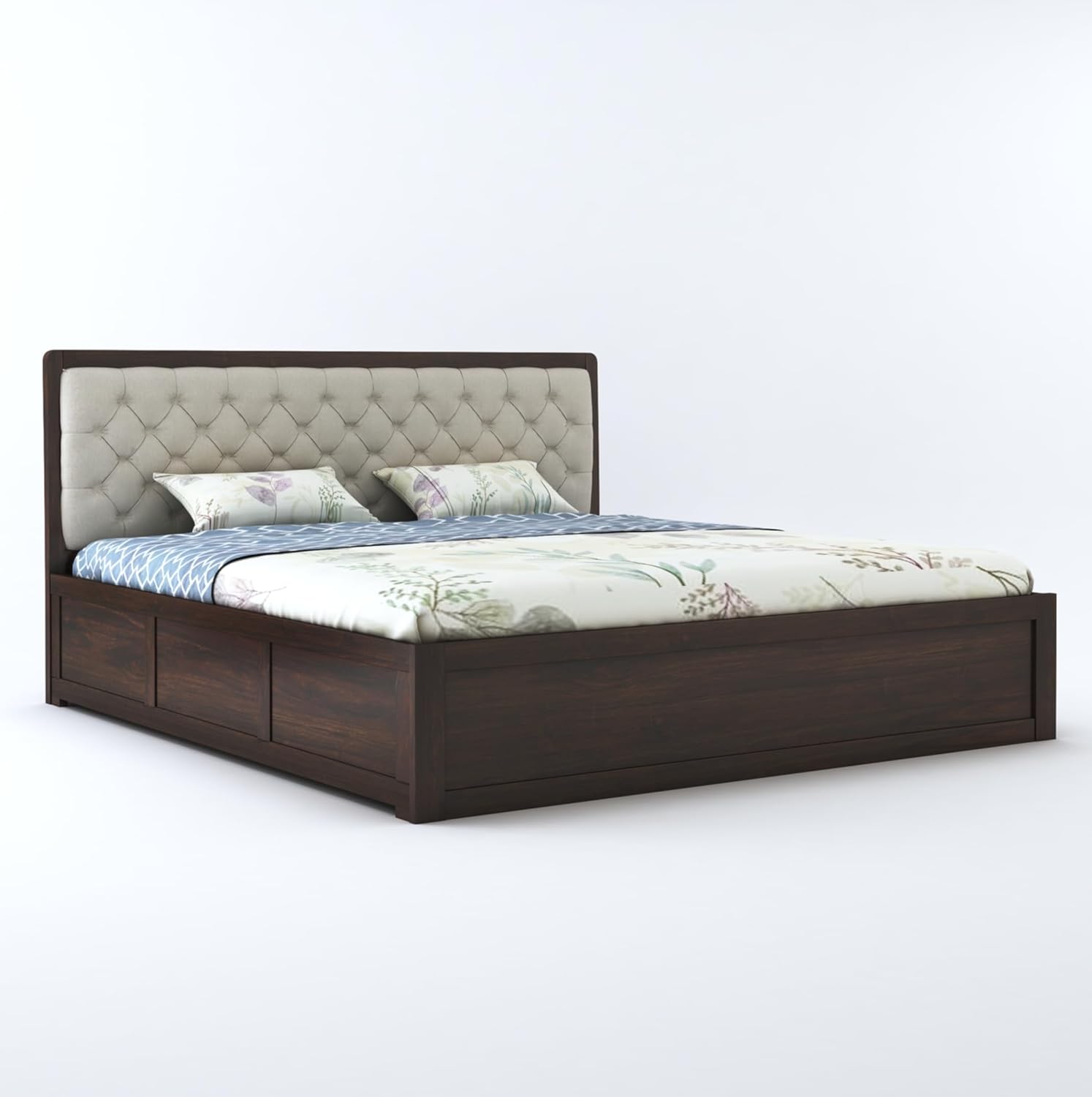 STRATA FURNITURE Solid Sheesham Wood King Size Bed with Storage for Bedroom Living Room Solid Wooden Furniture Double Bed for Home Hotels (Walnut Finish)