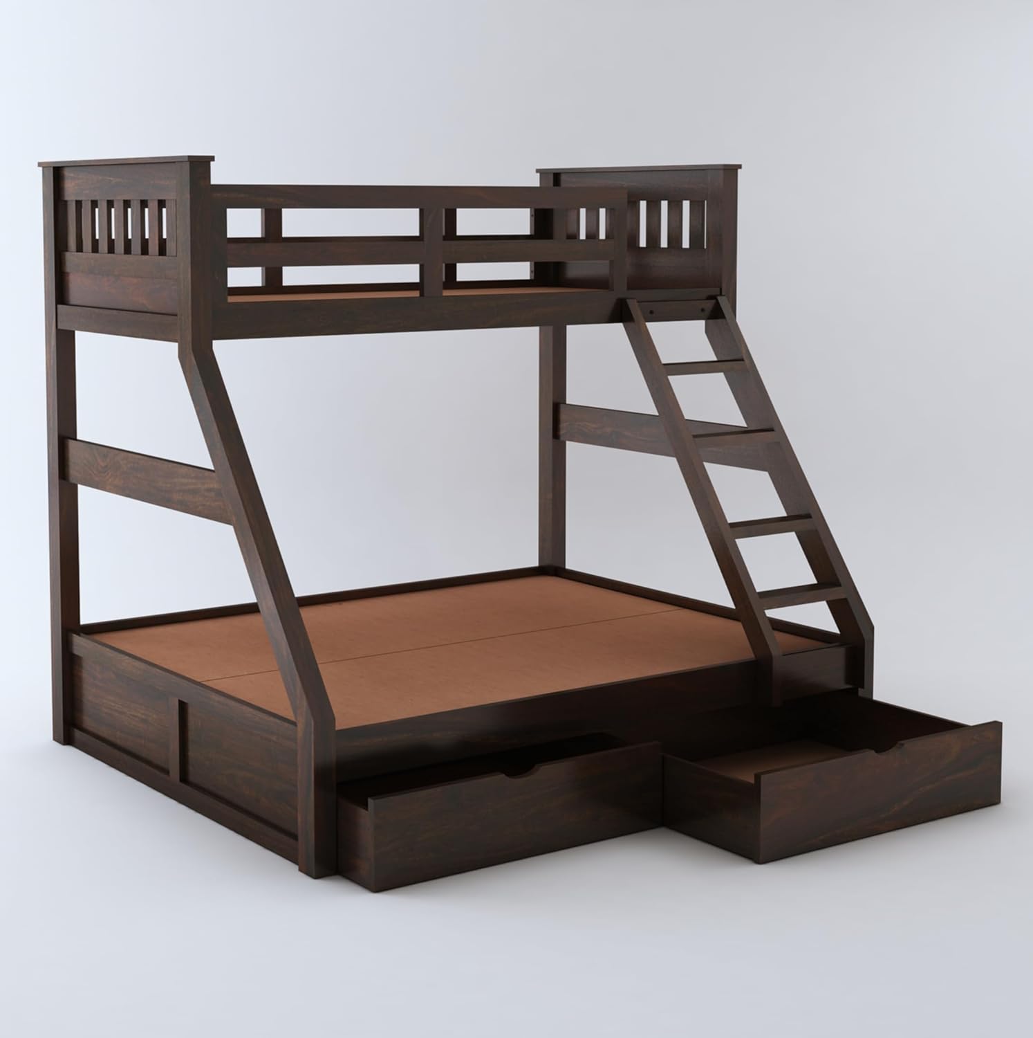 STRATA FURNITURE Sheesham Wood Bunk Bed with 2 Drawer Storage Wooden Double Bed Furniture for Bedroom Home (Walnut Finish)