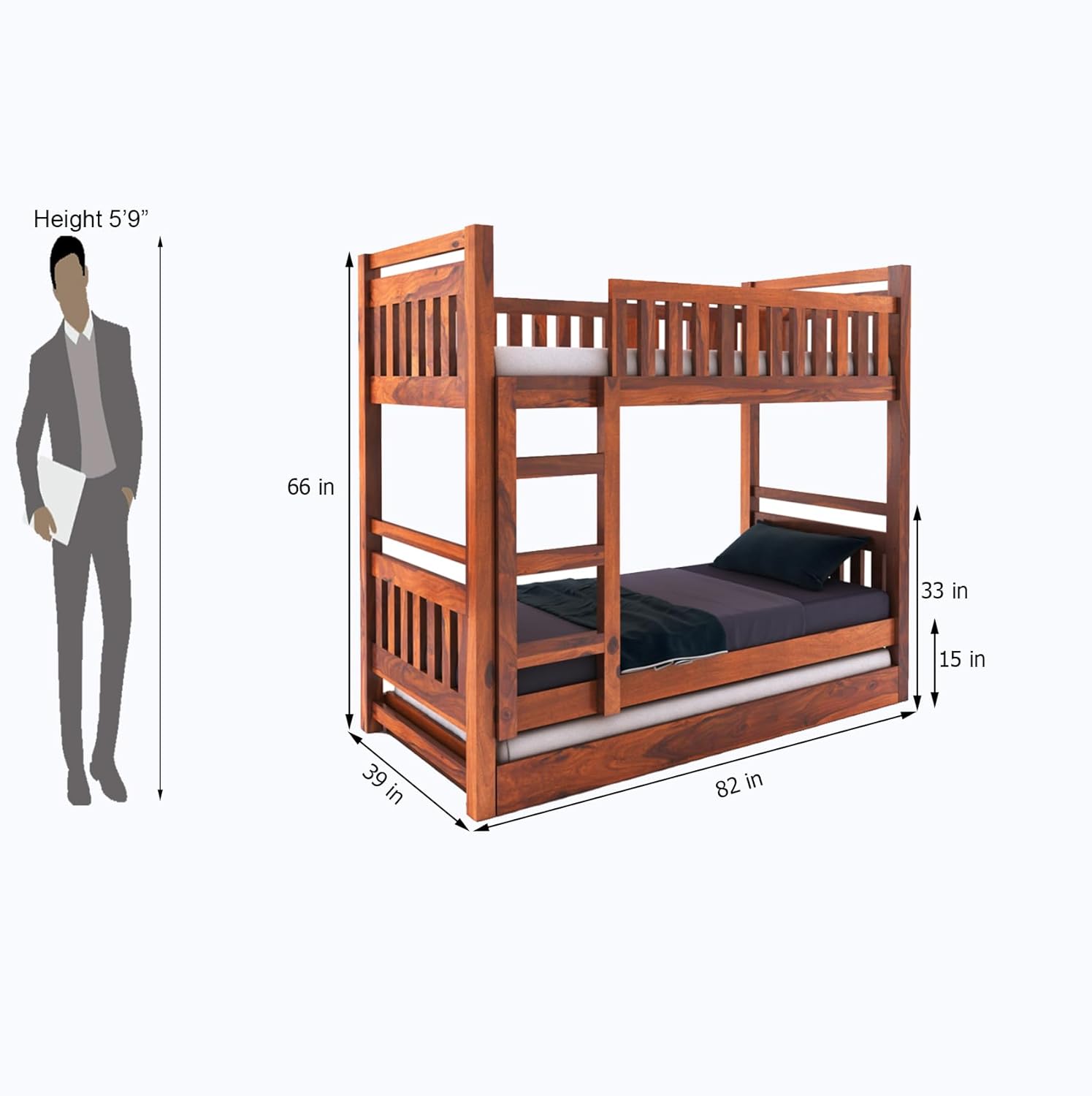 STRATA FURNITURE Solid Sheesham Wood Bunk Bed With Trundle Wooden Bunk Bed With Ladder For Bedroom Living Room Home (Honey Finish), 2.08 Meters, 99.06 CM, 167.64 Cm