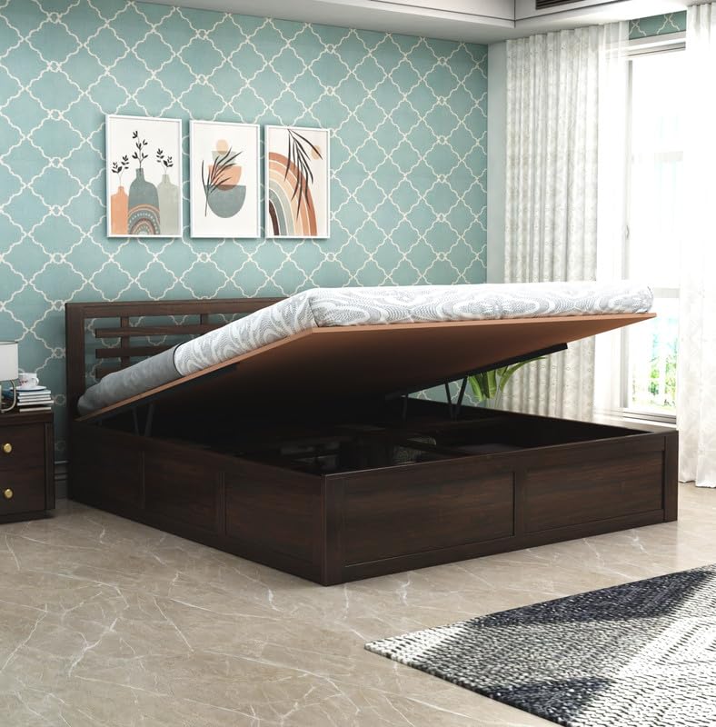 STRATA FURNITURE Sheesham Wood King Size Bed with Hydraulic Storage and Headboard for Bedroom Living Room Home Wooden Double Bed Cot Palang Furniture (Walnut Finish)