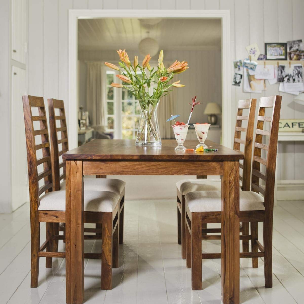 Sheesham Wood 4 Seater Dining Table Set with 4 Chairs for Home Natural Brown