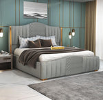 STRATA FURNITUR Sheesham Wood Queen Size Platfrom Bed with Box Storage and Upholstered Headboard | Stylish Wooden Double Bed Cot Palang Furniture for Bedroom, Hotels, Living Room, and Home (Grey)