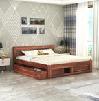 STRATA FURNITURE Sheesham Wood King Size Bed with Drawer Storage and Headboard for Bedroom Living Room Home Wooden Double Cot Bed Palang Furniture (Honey Finish)
