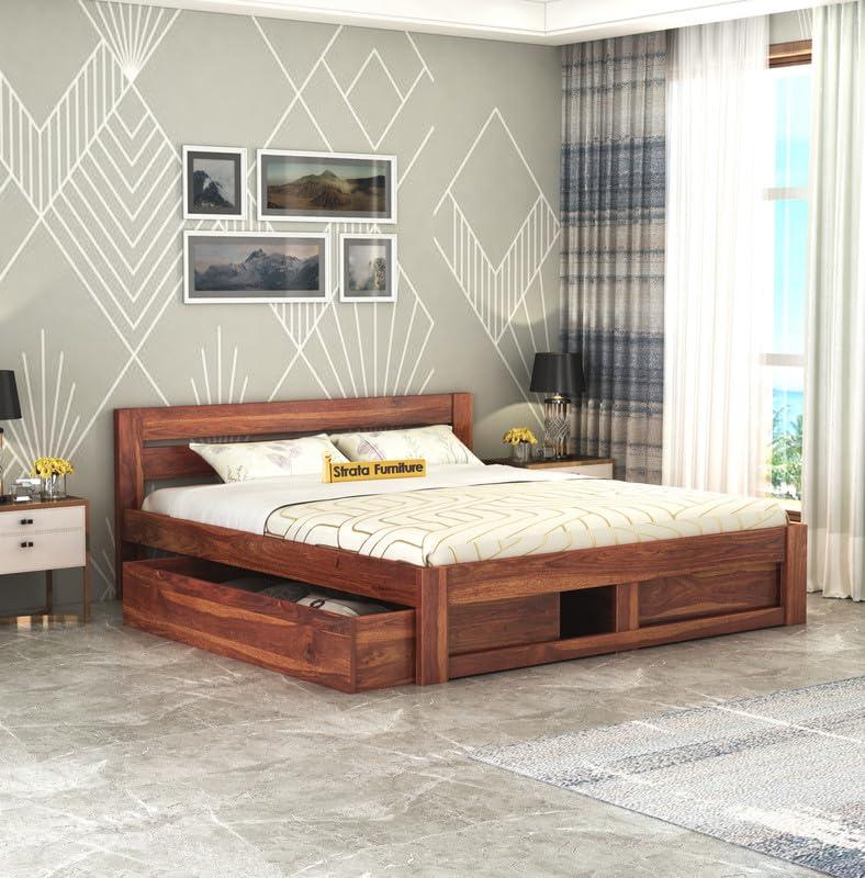 STRATA FURNITURE Sheesham Wood King Size Bed with Drawer Storage and Headboard for Bedroom Living Room Home Wooden Double Cot Bed Palang Furniture (Honey Finish)