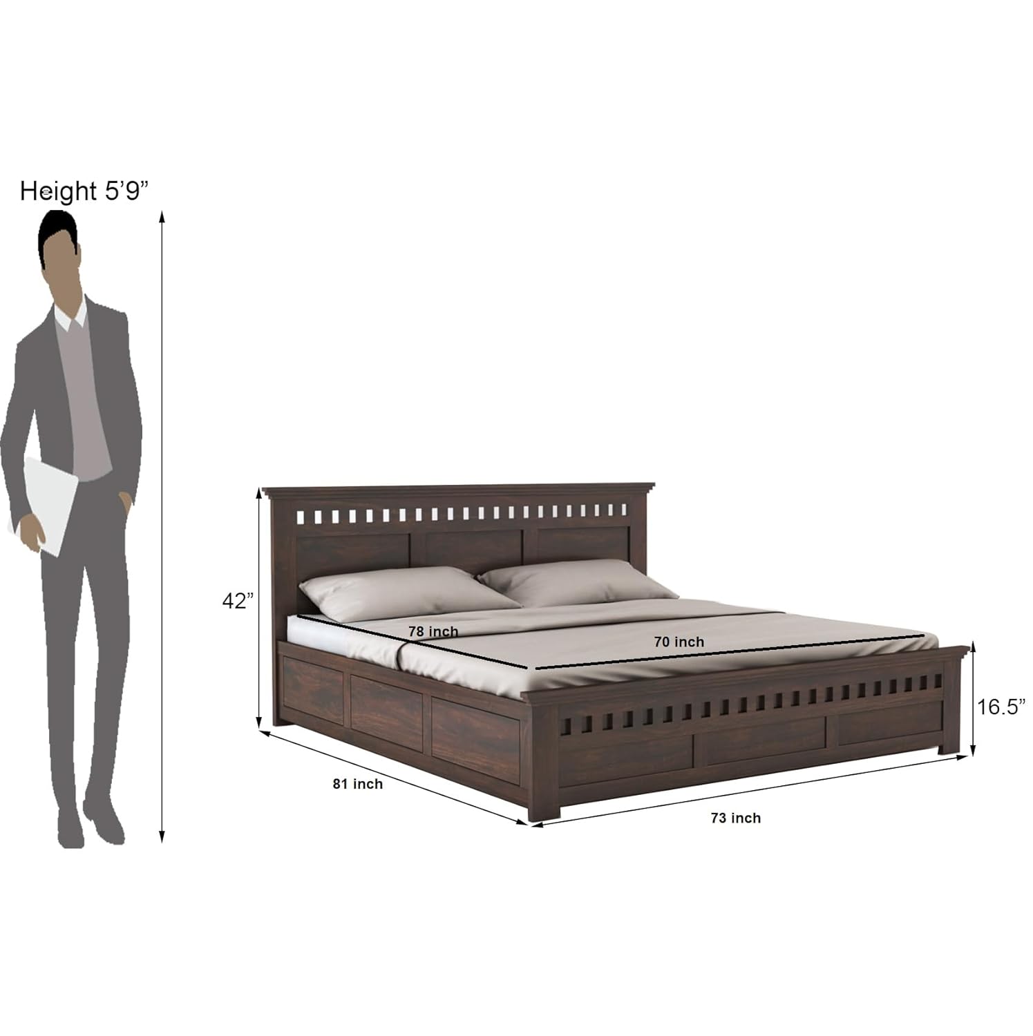 STRATA FURNITURE Solid Sheesham Wood Queen Size Bed with Box Storage | Wooden Double Bed Cot Palang Furniture for Bedroom Living Room and Home (Walnut Finish)