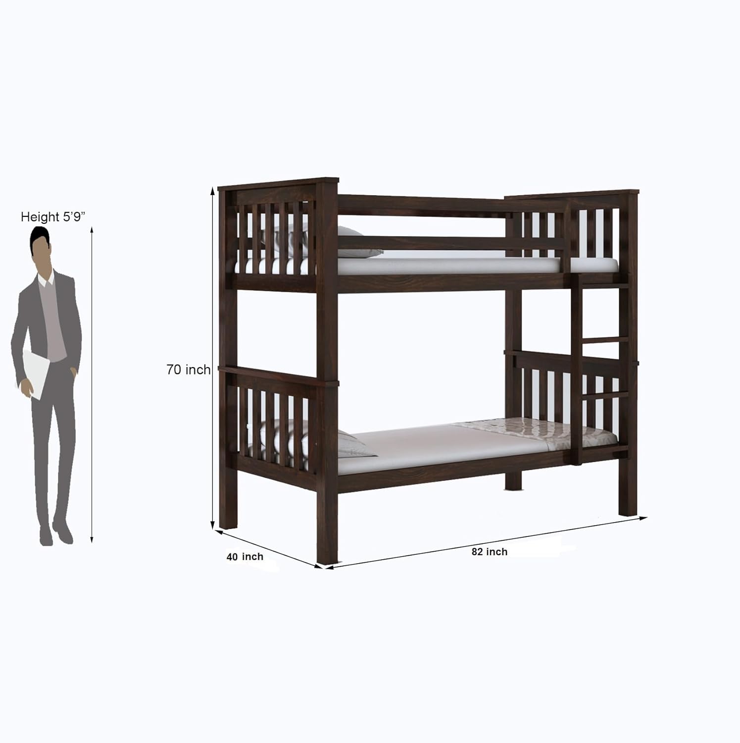 STRATA FURNITURE Sheesham Wood Bunk Bed Without Storage Wooden Double Bed Furniture for Bedroom Home (Walnut Finish)