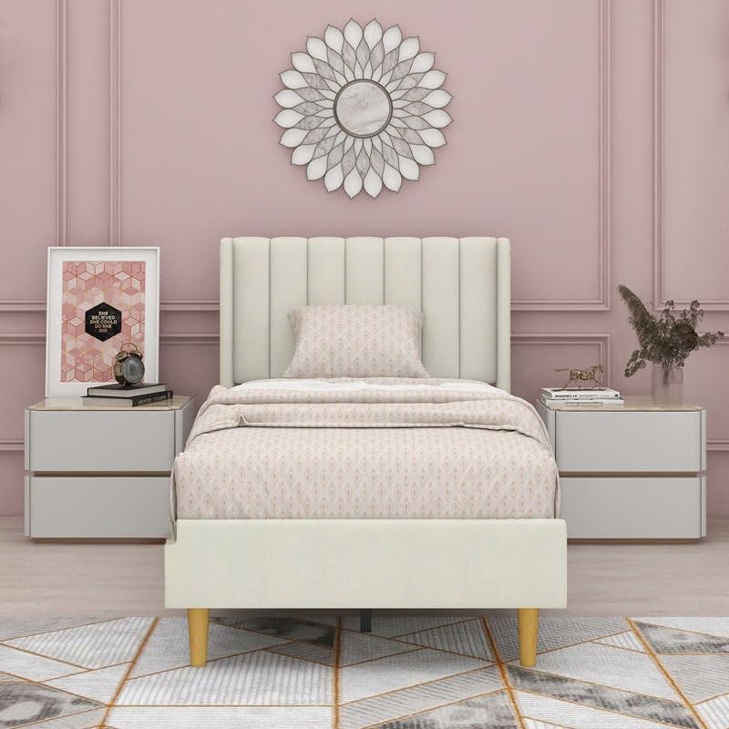 STRATA FURNITURE Upholstered Single Size Bed Without Storage for Bedroom Furniture Solid Wood Fabric Bed Wooden Single Bed Cot Palang for Home Living Room and Hotels (White)