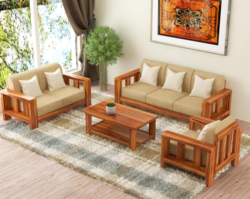 STRATA FURNITURE Solid Sheesham Wood 6 Seater Sofa Set for Living Room Bedroom Furniture Six Seater Sofa Wooden 3+2+1 Seater Sofa Couch for Home, Hall, and Office (Natural Finish)