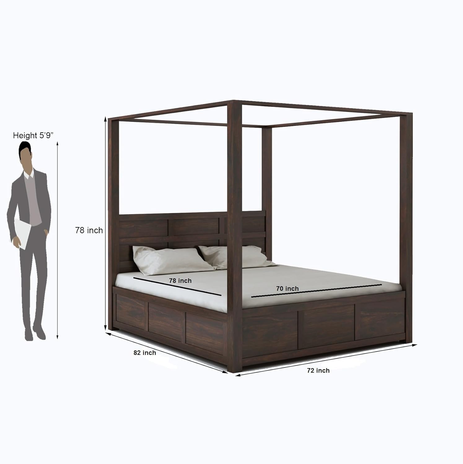 STRATA FURNITURE Solid Sheesham Wood King Size Poster Bed with Storage Wooden Double Bed Furniture for Bedroom Living Room Home (Walnut Finish)