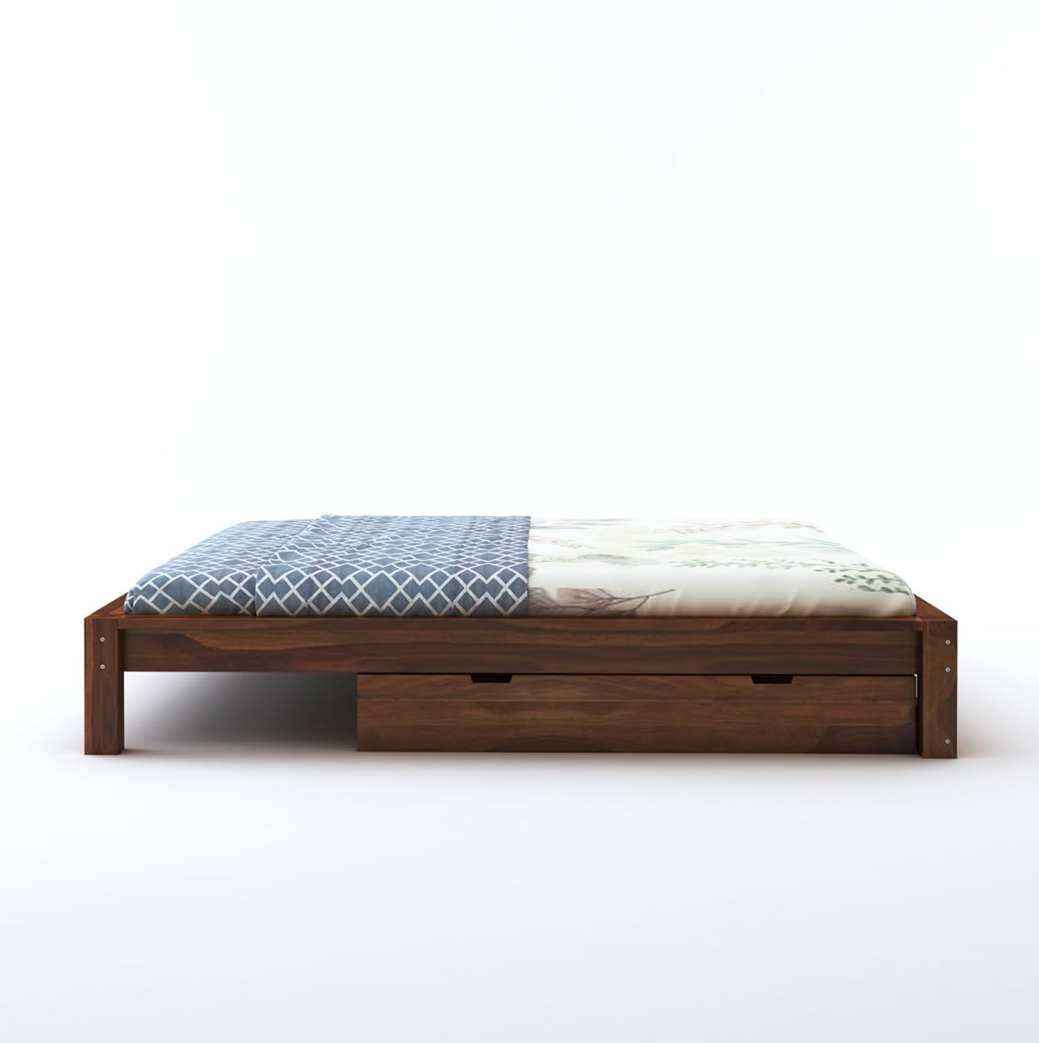 STRATA FURNITURE Solid Sheesham Wood Low Height Platform King Size Bed with Storage for Bedroom Wooden Double Bed (Honey Finish)