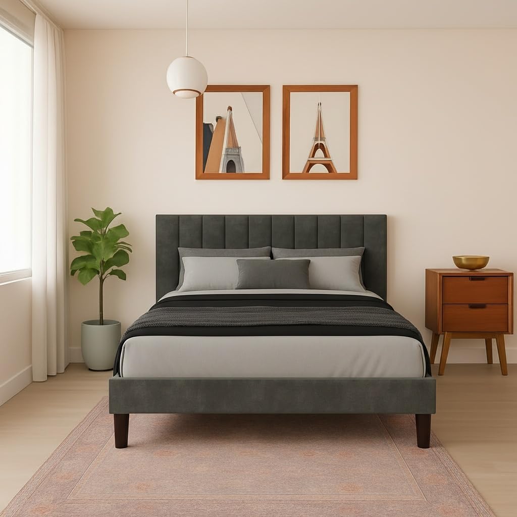STRATA FURNITURE Wooden Queen Size Bed Cot Bed Furniture Upholstered Double Bed for Bedroom Living Room Home - Grey Finish