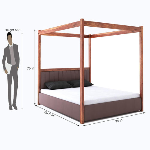 STRATA FURNITURE Solid Sheesham Wood King Size Poster Bed with Box Storage Wooden Upholstered Double Bed for Bedroom Living Room Home (Honey Finish)