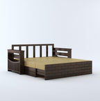 STRATA FURNITURE Solid Sheesham Wood 3 Seater Sofa Cum Bed with Drawer and Side Pocket Storage | Wooden Italian Bed with Headboard | Multipurpose Sofa Furniture for Home & Living Room (Walnut Finish)