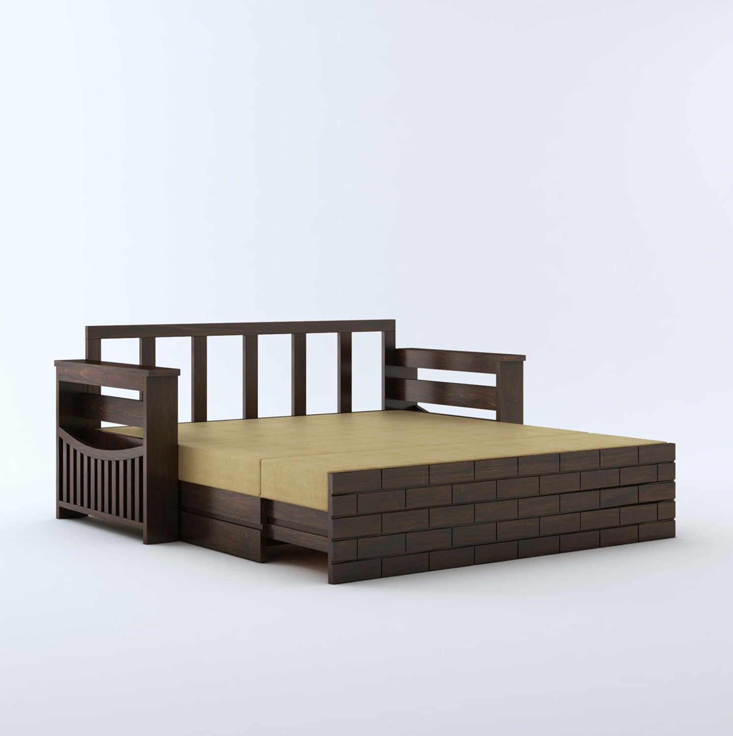 STRATA FURNITURE Solid Sheesham Wood 3 Seater Sofa Cum Bed with Drawer and Side Pocket Storage | Wooden Italian Bed with Headboard | Multipurpose Sofa Furniture for Home & Living Room (Walnut Finish)