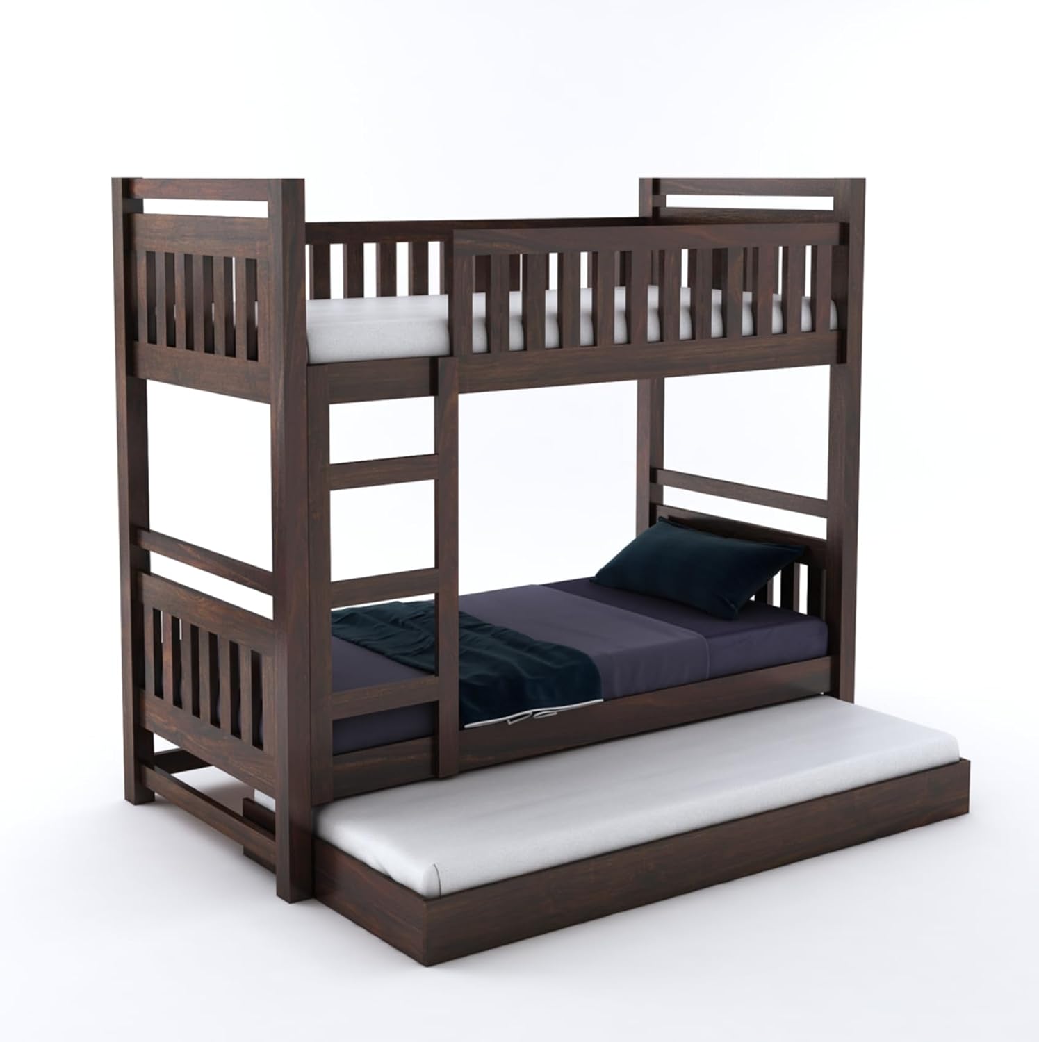 STRATA FURNITURE Solid Sheesham Wood Bunk Bed With Trundle Wooden Bunk Bed With Ladder For Bedroom Living Room Home (Walnut Finish, 1.68 M, 2.08 M, 0.99 M)