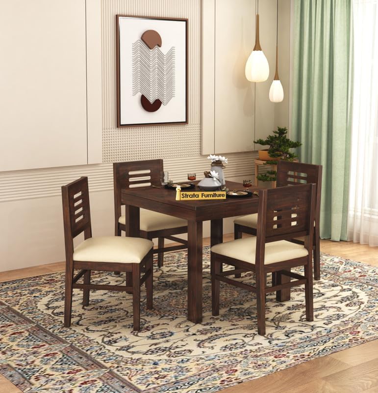 STRATA FURNITURE Solid Sheesham Wood 4 Seater Dining Table Set with Cushioned Chairs - 4 Chairs and 1 Table Dining Set for Dining Room Living Room Home Office Hotels Restaurant (Walnut Finish)