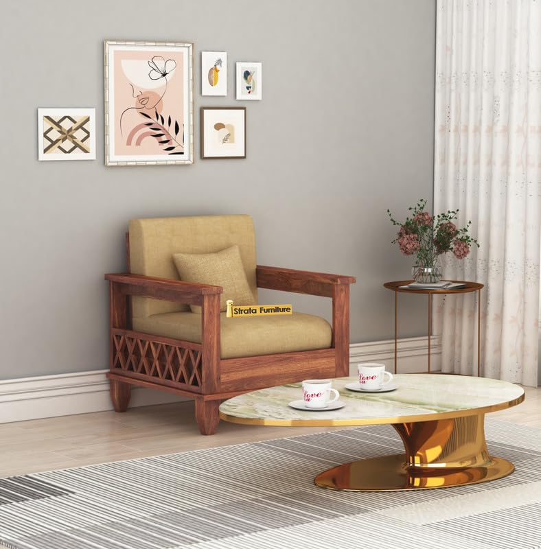 Strata Furniture Solid Sheesham Wood 5 Seater Sofaset For Living Rooms 3+1+1 Wooden Sofa Set For Home And Office (Natural Teak Finish) - 5