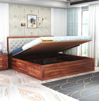STRATA FURNITURE Sheesham Wood King Size Bed with Hydraulic and Cushion Headboard Storage for Living Room Home Bedroom Wooden Double Bed Cot Palang Furniture (Honey Finish)