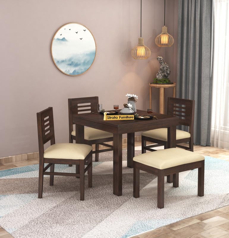 STRATA FURNITURE Solid Sheesham Wood 4 Seater Dining Table Set with Cushioned Chairs - 3 Chairs,1 Bench and 1 Table Dining Set For Dining Room Living Room Home Office Hotels Restaurant (Walnut Finish)