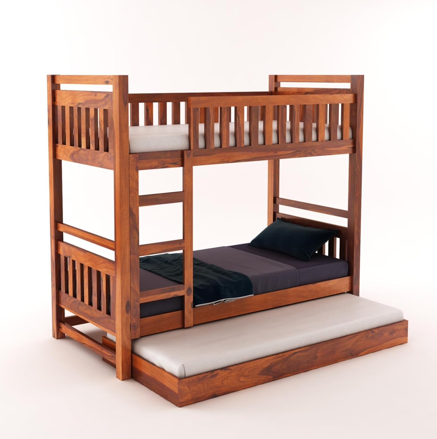 STRATA FURNITURE Solid Sheesham Wood Bunk Bed With Trundle Wooden Bunk Bed With Ladder For Bedroom Living Room Home (Honey Finish), 2.08 Meters, 99.06 CM, 167.64 Cm