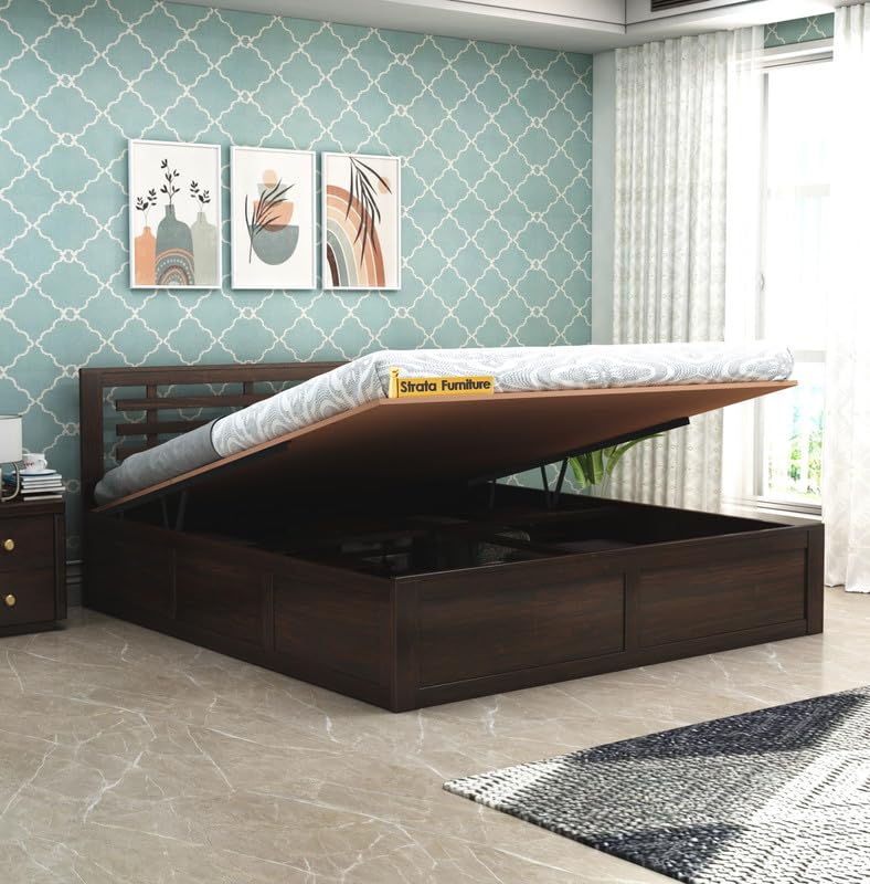 STRATA FURNITURE Sheesham Wood King Size Bed with Hydraulic Storage and Headboard for Bedroom Living Room Home | Wooden Double Bed Cot Palang Furniture (Honey Finish)