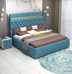STRATA FURNITURE Sheesham Wood King Size Bed with Box Storage and Upholstery Tufted Headboard | Modern Wooden Double Bed Cot Palang Furniture for Bedroom, Hotels, Living Room, and Home (Blue)