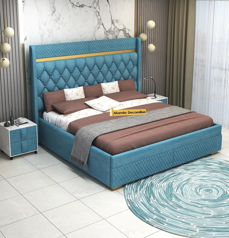 STRATA FURNITUR Sheesham Wood Queen Size Bed with Box Storage and Upholstery Tufted Headboard | Modern Wooden Double Bed Cot Palang Furniture for Bedroom, Hotels, Living Room, and Home (Blue)
