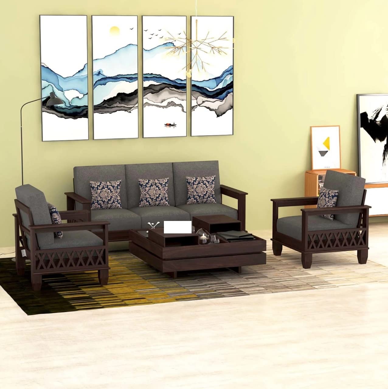 Js Home Decor Sheesham Wood 3+2+1 Sofa Set Furniture for Living Room Walnut Brown