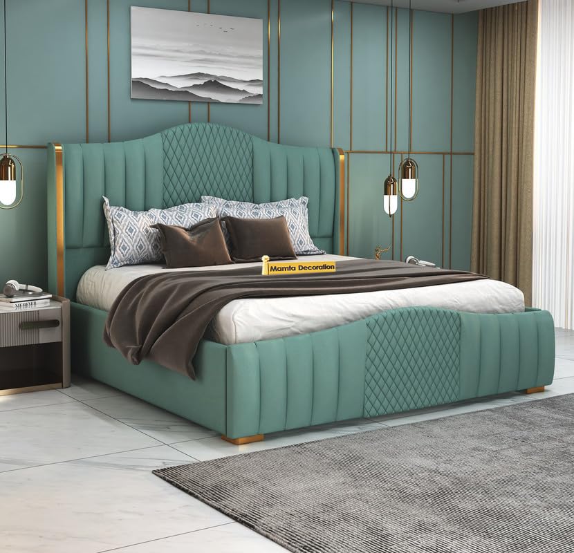 STRATA FURNITUR Sheesham Wood Queen Size Platfrom Bed with Box Storage and Upholstered Headboard | Stylish Wooden Double Bed Cot Palang Furniture for Bedroom, Hotel, Living Room, and Home (Greendust)