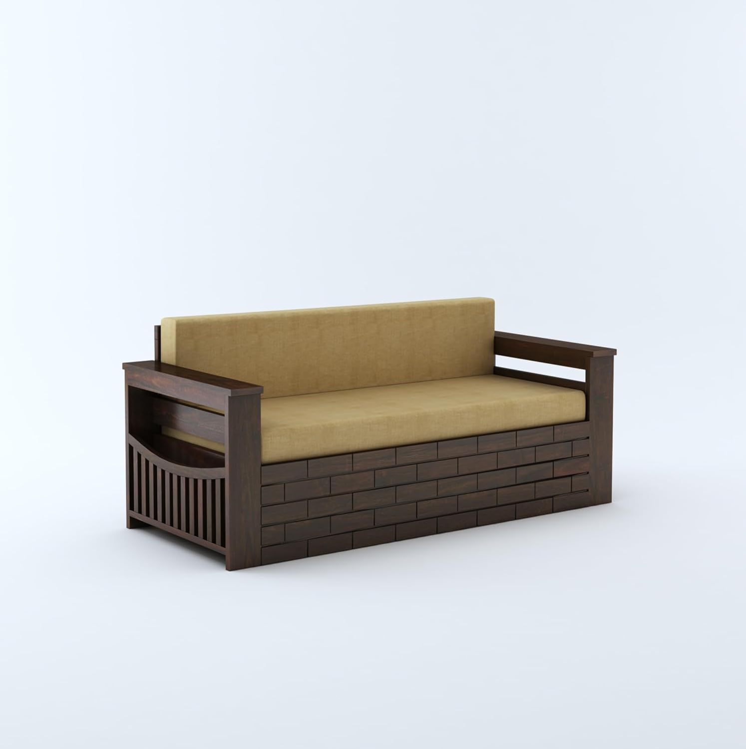 STRATA FURNITURE Solid Sheesham Wood 3 Seater Sofa Cum Bed with Drawer and Side Pocket Storage | Wooden Italian Bed with Headboard | Multipurpose Sofa Furniture for Home & Living Room (Walnut Finish)