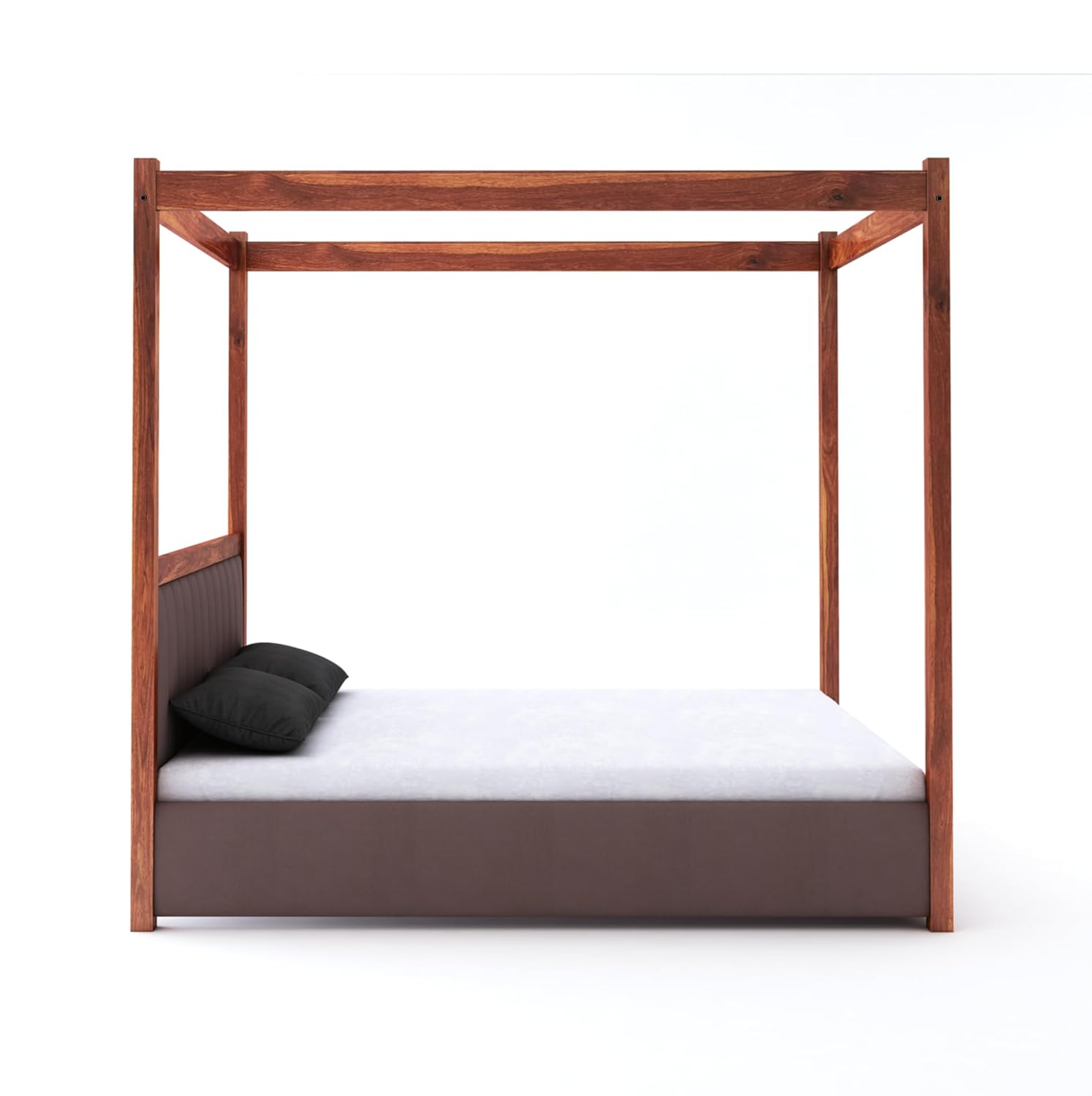 STRATA FURNITURE Solid Sheesham Wood King Size Poster Bed with Box Storage Wooden Upholstered Double Bed for Bedroom Living Room Home (Honey Finish)