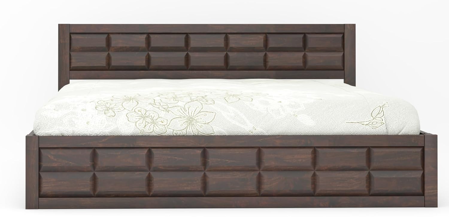 STRATA FURNITURE Solid Sheesham Wood Queen Size Bed with Box Storage | Wooden Double Bed Cot Palang Furniture for Bedroom Living Room and Home (Walnut Finish)